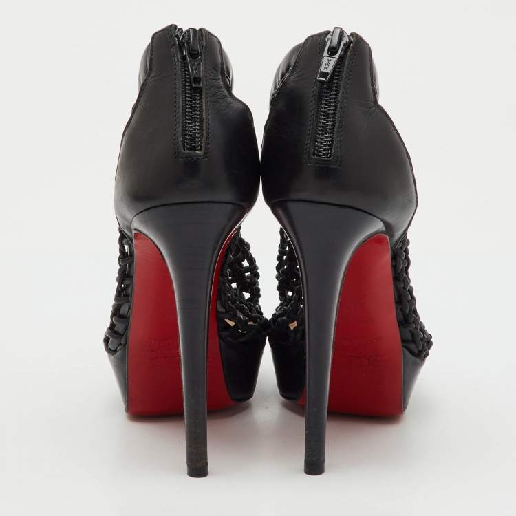 Pre Owned Christian Louboutin Black Leather Coussin Platform Ankle Booties Size 37