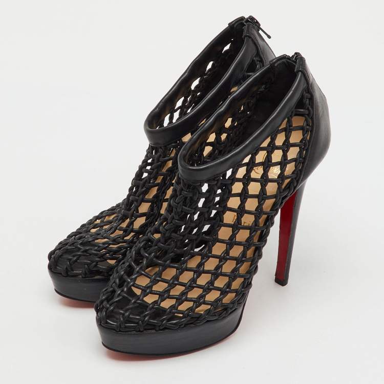 Pre Owned Christian Louboutin Black Leather Coussin Platform Ankle Booties Size 37