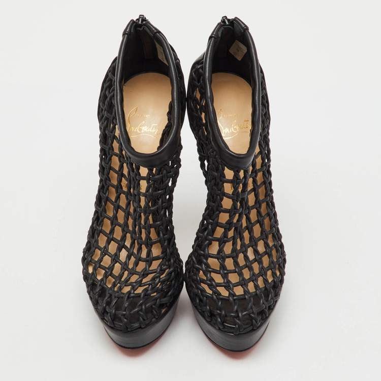 Pre Owned Christian Louboutin Black Leather Coussin Platform Ankle Booties Size 37