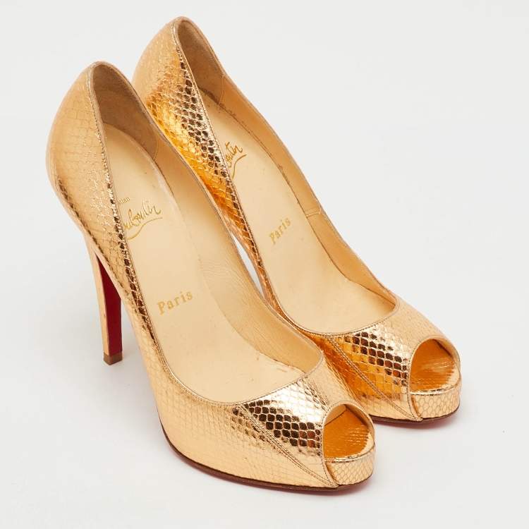 Pre Owned Christian Louboutin Metallic Python Embossed Leather Very Prive Peep Toe Pumps Size 37.5