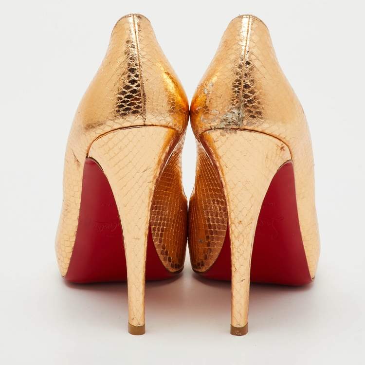 Pre Owned Christian Louboutin Metallic Python Embossed Leather Very Prive Peep Toe Pumps Size 37.5
