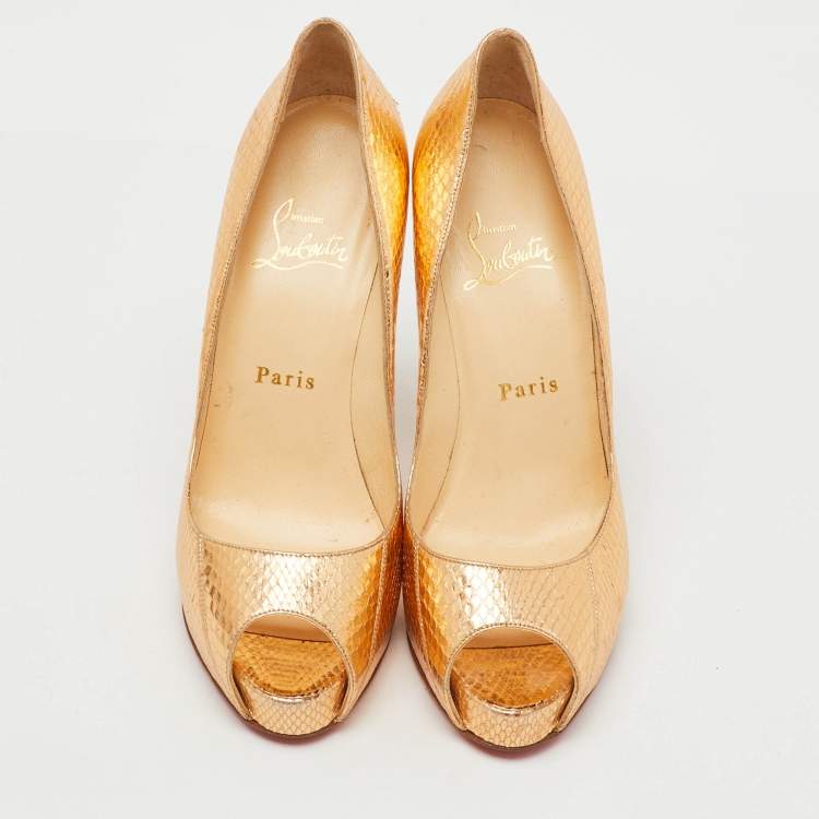 Pre Owned Christian Louboutin Metallic Python Embossed Leather Very Prive Peep Toe Pumps Size 37.5