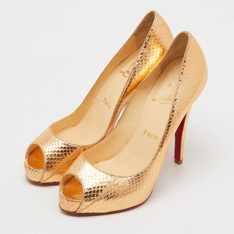 Pre Owned Christian Louboutin Metallic Python Embossed Leather Very Prive Peep Toe Pumps Size 37.5