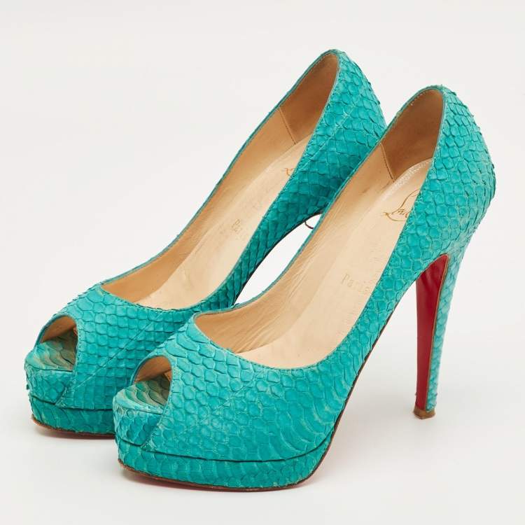 Pre Owned Christian Louboutin Green Python Leather Lady Peep Pumps Size 36