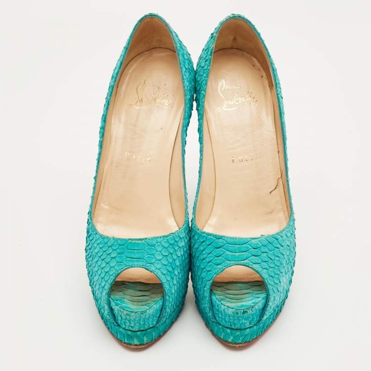 Pre Owned Christian Louboutin Green Python Leather Lady Peep Pumps Size 36
