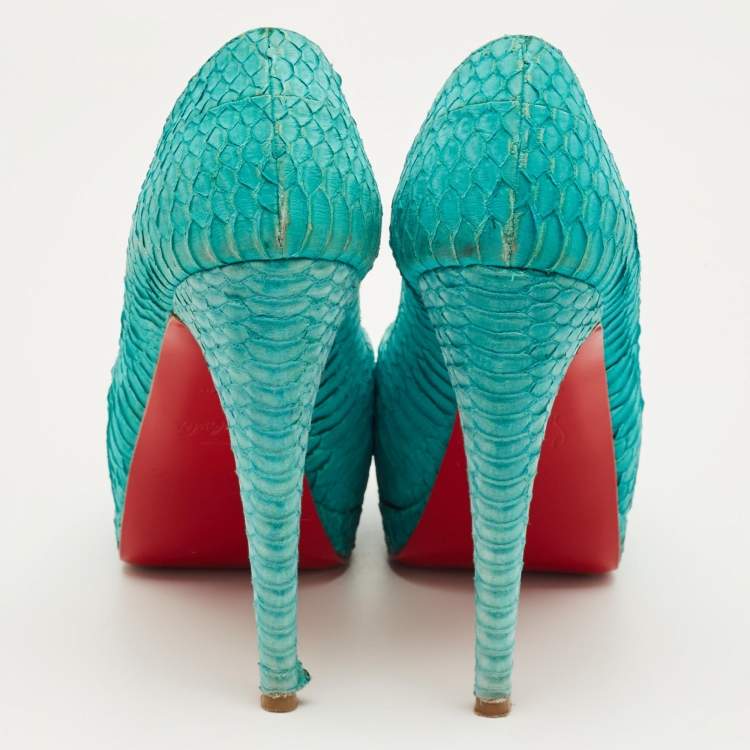Pre Owned Christian Louboutin Green Python Leather Lady Peep Pumps Size 36