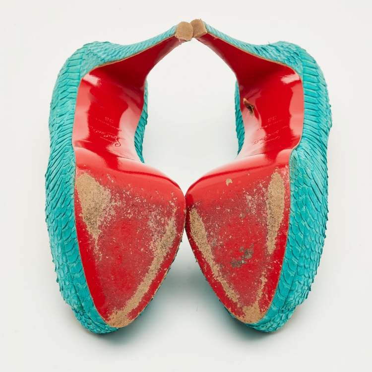 Pre Owned Christian Louboutin Green Python Leather Lady Peep Pumps Size 36