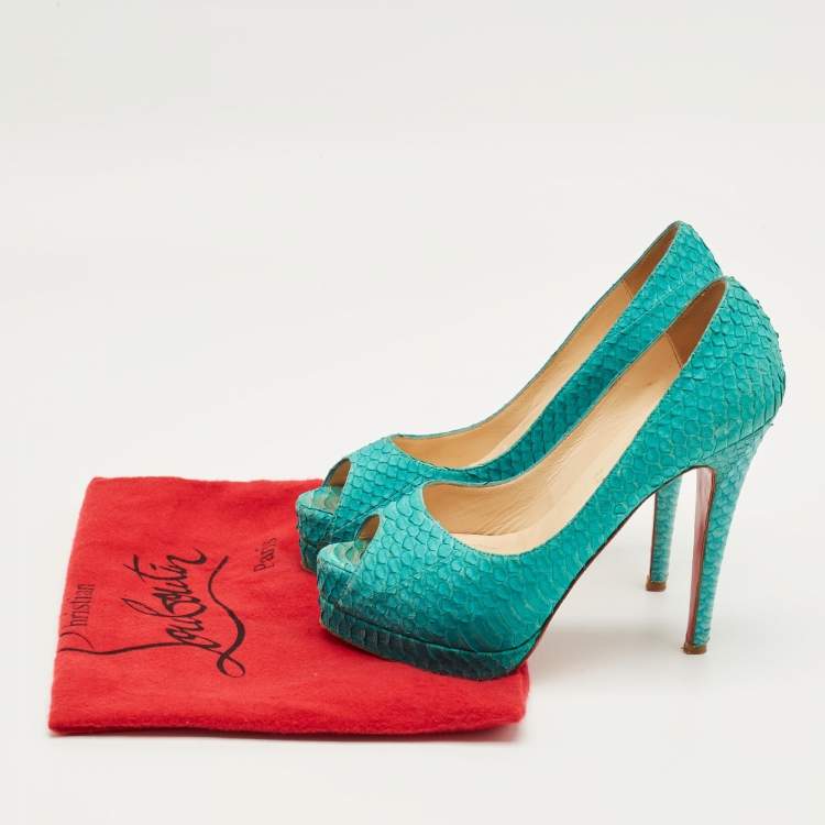 Pre Owned Christian Louboutin Green Python Leather Lady Peep Pumps Size 36