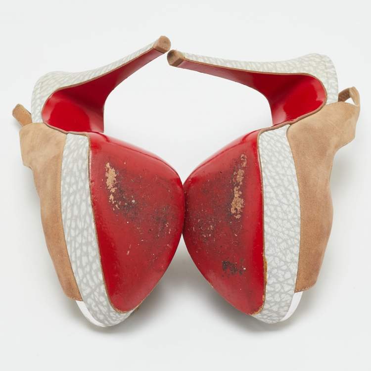 Pre Owned Christian Louboutin Beige Nubuck Leather Lady Peep Sling Platform Pumps Size 36