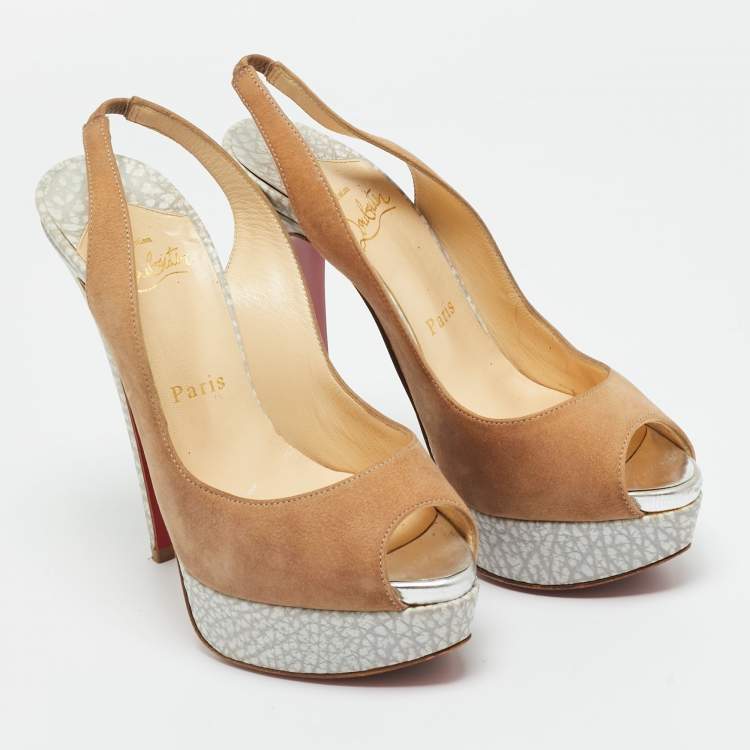Pre Owned Christian Louboutin Beige Nubuck Leather Lady Peep Sling Platform Pumps Size 36