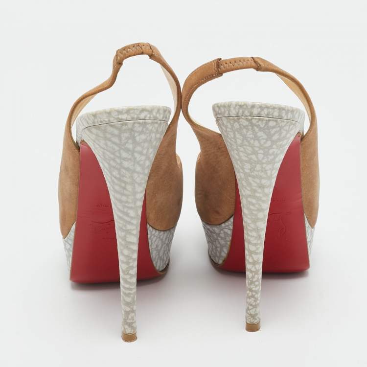 Pre Owned Christian Louboutin Beige Nubuck Leather Lady Peep Sling Platform Pumps Size 36