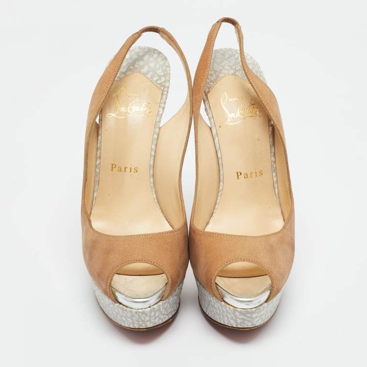 Pre Owned Christian Louboutin Beige Nubuck Leather Lady Peep Sling Platform Pumps Size 36