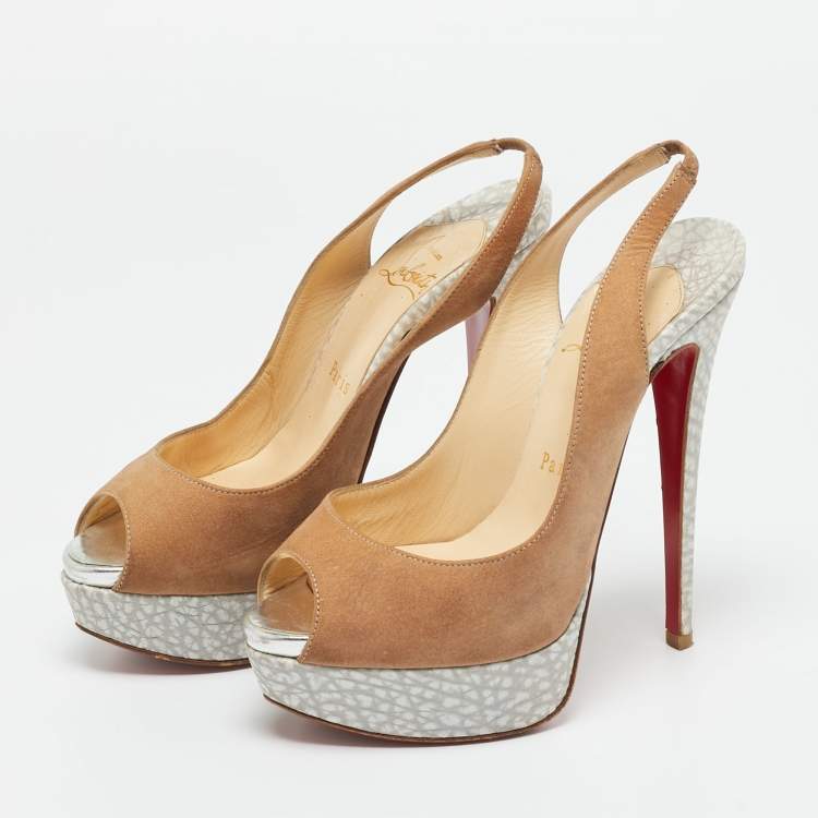 Pre Owned Christian Louboutin Beige Nubuck Leather Lady Peep Sling Platform Pumps Size 36