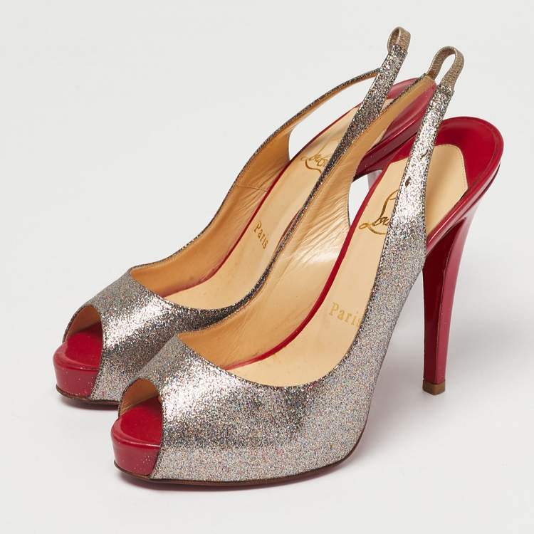 Pre Owned Christian Louboutin Silver/Pink Glitter No Prive Peep Toe Slingback Pumps Size 36