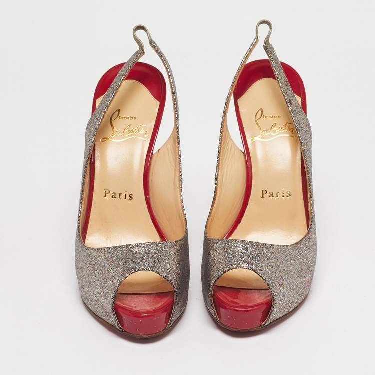 Pre Owned Christian Louboutin Silver/Pink Glitter No Prive Peep Toe Slingback Pumps Size 36