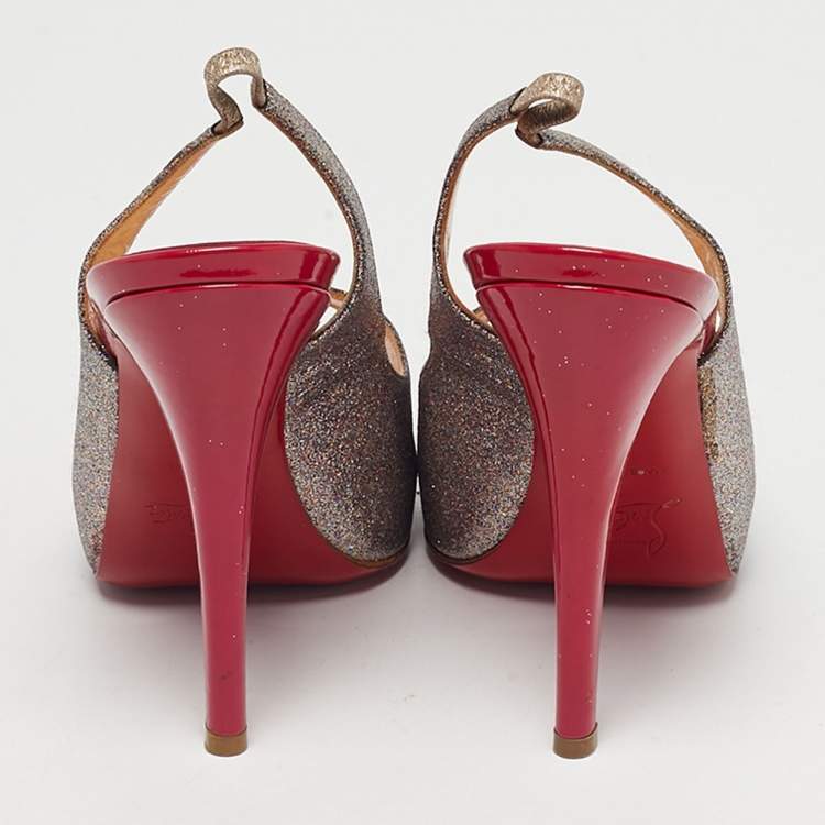 Pre Owned Christian Louboutin Silver/Pink Glitter No Prive Peep Toe Slingback Pumps Size 36