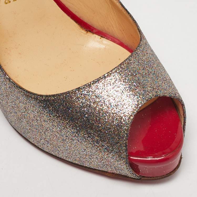 Pre Owned Christian Louboutin Silver/Pink Glitter No Prive Peep Toe Slingback Pumps Size 36