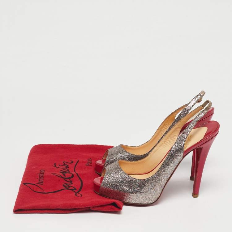 Pre Owned Christian Louboutin Silver/Pink Glitter No Prive Peep Toe Slingback Pumps Size 36