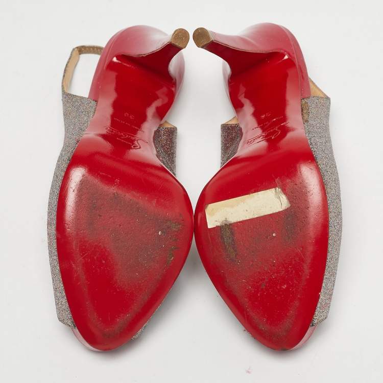 Pre Owned Christian Louboutin Silver/Pink Glitter No Prive Peep Toe Slingback Pumps Size 36