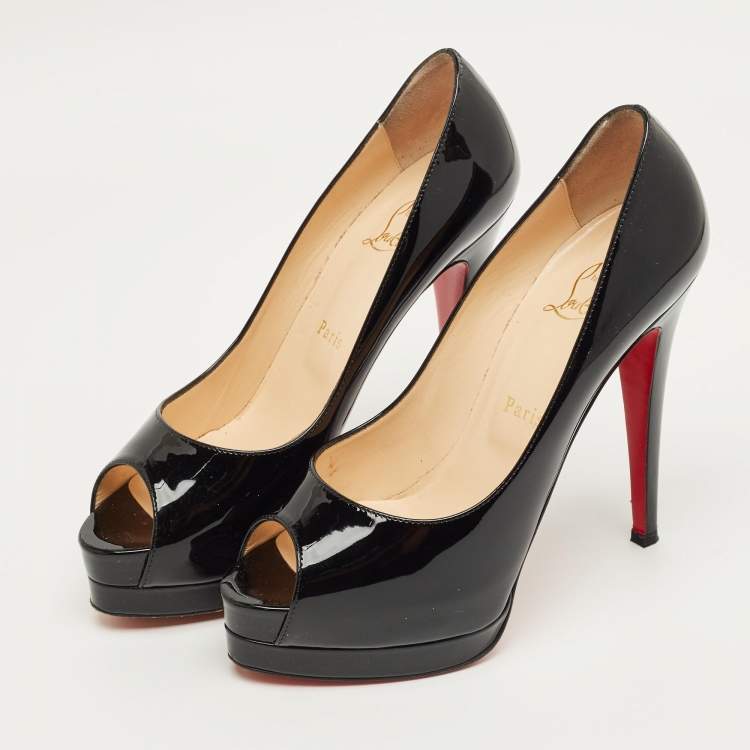 Pre Owned Christian Louboutin Black Patent Leather Lady Peep Toe Platform Pumps Size 38.5