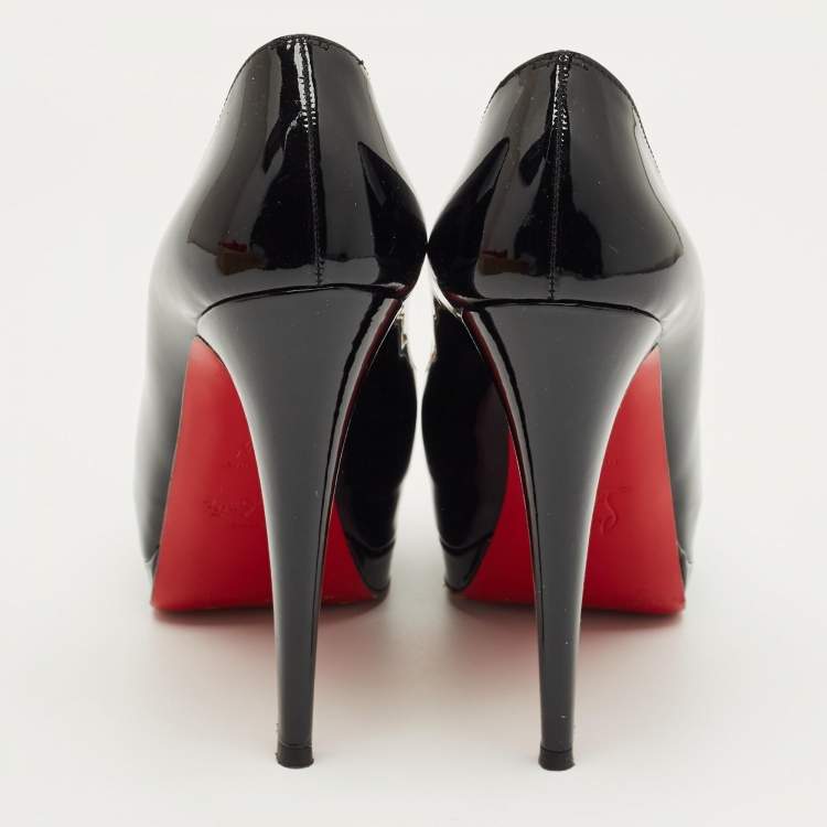 Pre Owned Christian Louboutin Black Patent Leather Lady Peep Toe Platform Pumps Size 38.5