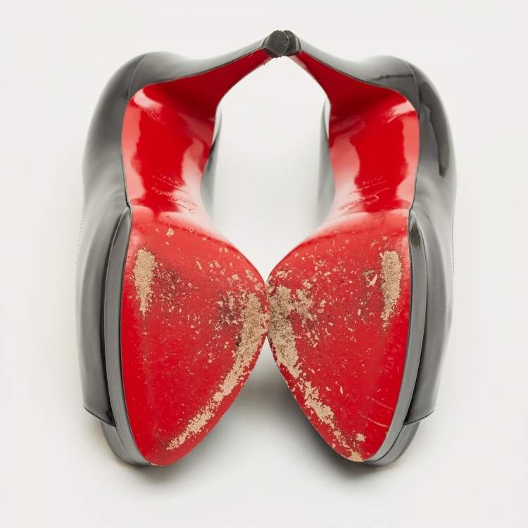 Pre Owned Christian Louboutin Black Patent Leather Lady Peep Toe Platform Pumps Size 38.5