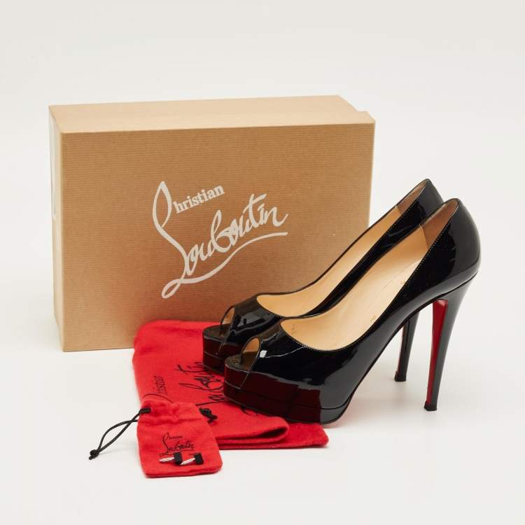 Pre Owned Christian Louboutin Black Patent Leather Lady Peep Toe Platform Pumps Size 38.5