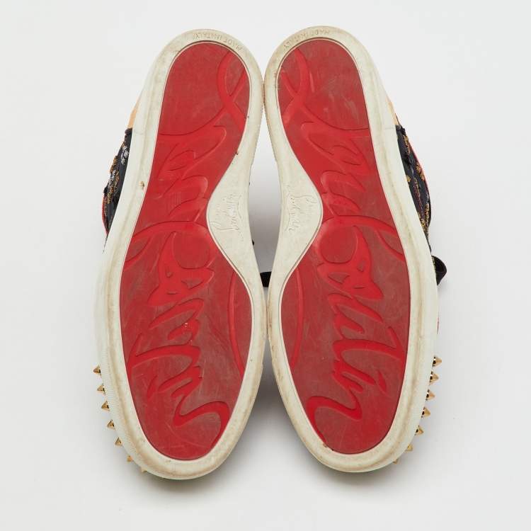 Pre Owned Christian Louboutin Multicolor Fabric and Leather Lou Spike Orlato High Top Sneakers Size 38.5