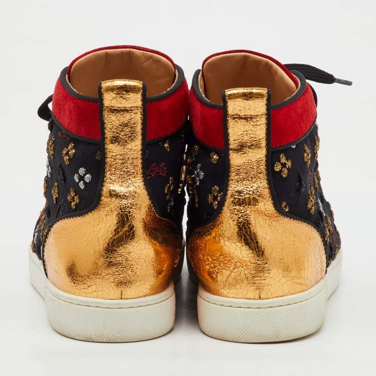 Pre Owned Christian Louboutin Multicolor Fabric and Leather Lou Spike Orlato High Top Sneakers Size 38.5