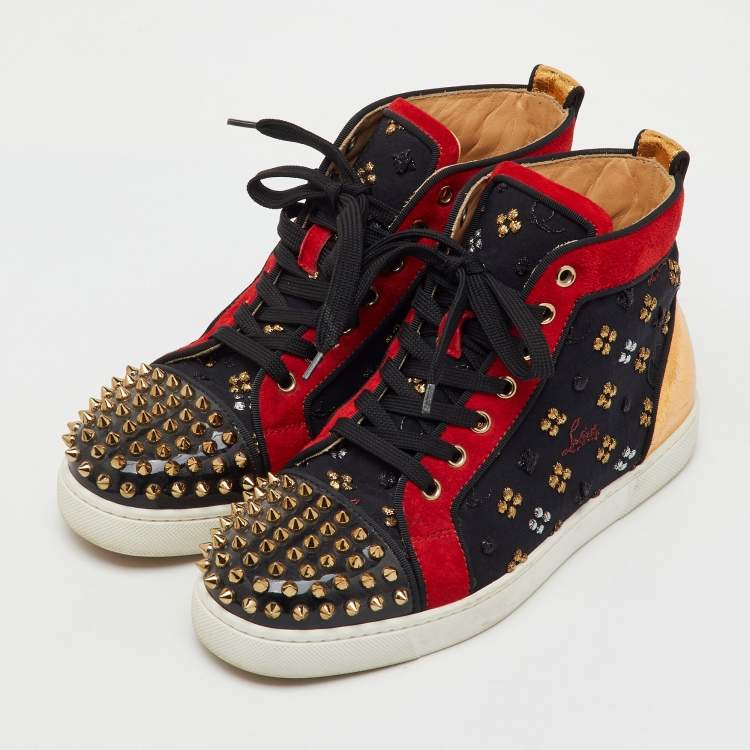 Pre Owned Christian Louboutin Multicolor Fabric and Leather Lou Spike Orlato High Top Sneakers Size 38.5