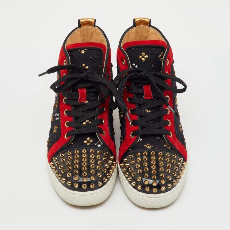 Pre Owned Christian Louboutin Multicolor Fabric and Leather Lou Spike Orlato High Top Sneakers Size 38.5