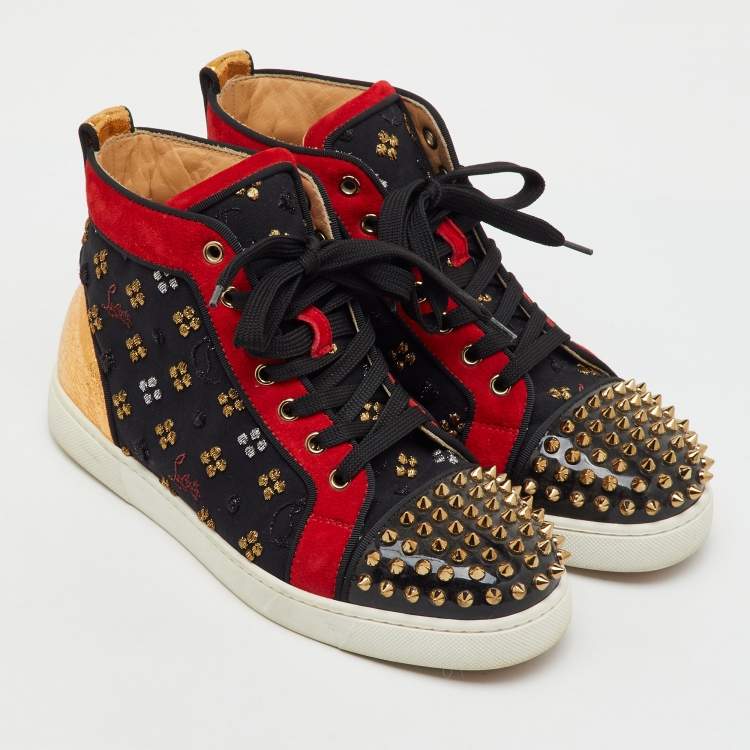 Pre Owned Christian Louboutin Multicolor Fabric and Leather Lou Spike Orlato High Top Sneakers Size 38.5