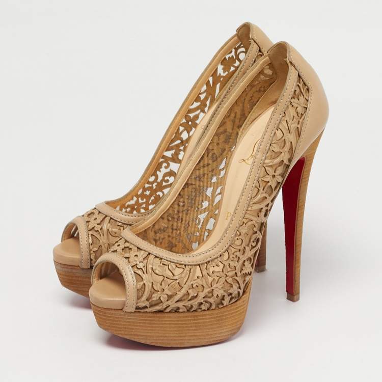 Pre Owned Christian Louboutin Beige Leather Cut Out Pampas Peep Toe Pumps Size 36