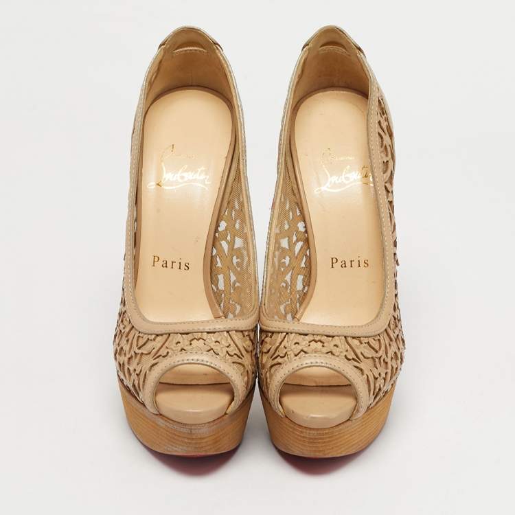 Pre Owned Christian Louboutin Beige Leather Cut Out Pampas Peep Toe Pumps Size 36