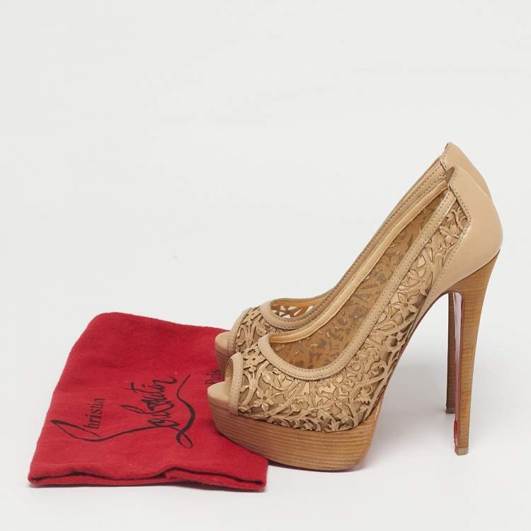 Pre Owned Christian Louboutin Beige Leather Cut Out Pampas Peep Toe Pumps Size 36