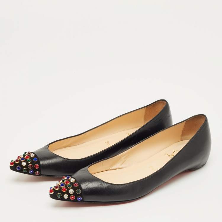 Pre Owned Christian Louboutin Black Leather and Suede Geo Ballet Flats Size 37.5