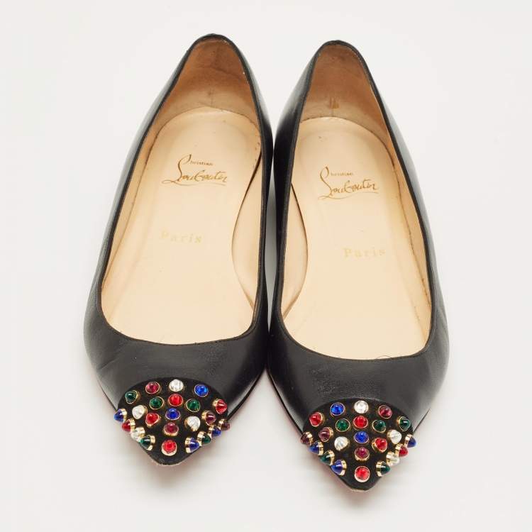 Pre Owned Christian Louboutin Black Leather and Suede Geo Ballet Flats Size 37.5