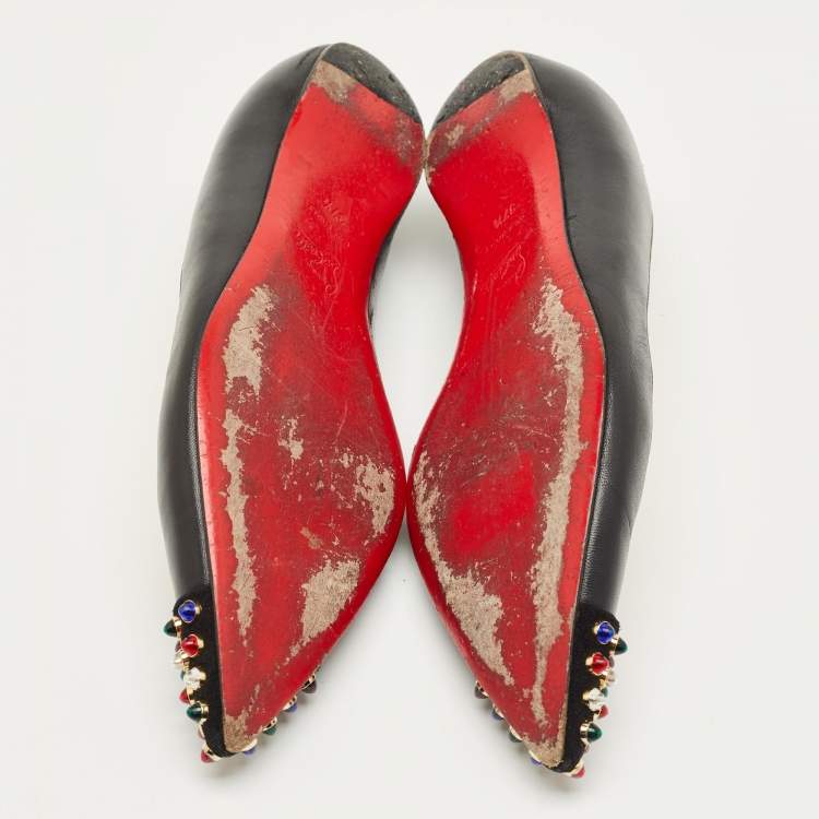 Pre Owned Christian Louboutin Black Leather and Suede Geo Ballet Flats Size 37.5