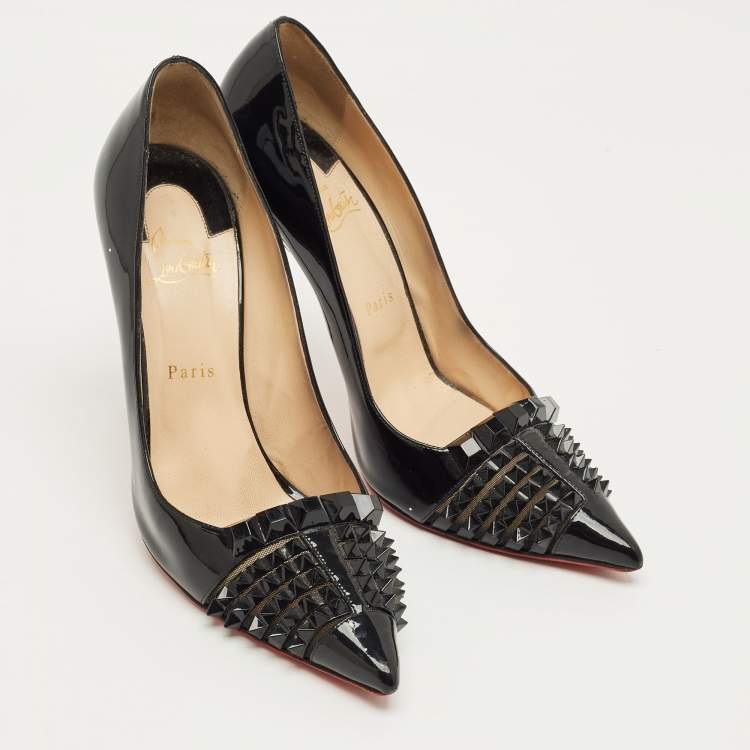 Pre Owned Christian Louboutin Black Patent Leather And Mesh Pyrami Pumps Size 41