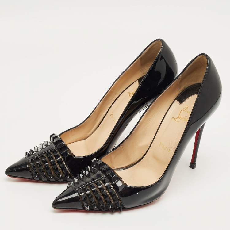 Pre Owned Christian Louboutin Black Patent Leather And Mesh Pyrami Pumps Size 41