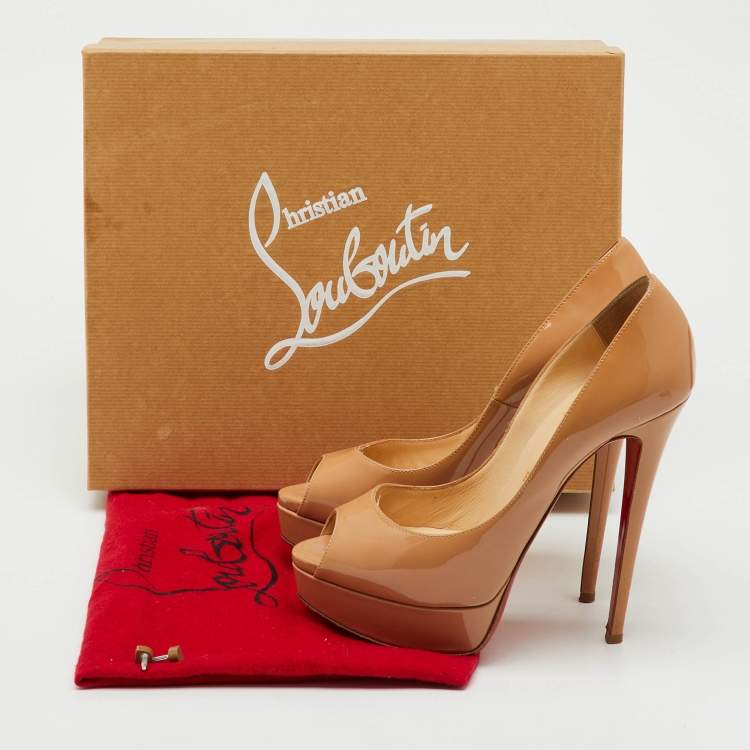 Pre Owned Christian Louboutin Beige Patent Leather Lady Peep Toe Platform Pumps Size 38