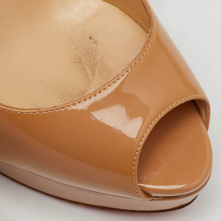 Pre Owned Christian Louboutin Beige Patent Leather Lady Peep Toe Platform Pumps Size 38