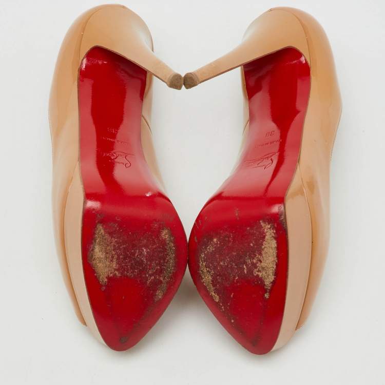 Pre Owned Christian Louboutin Beige Patent Leather Lady Peep Toe Platform Pumps Size 38