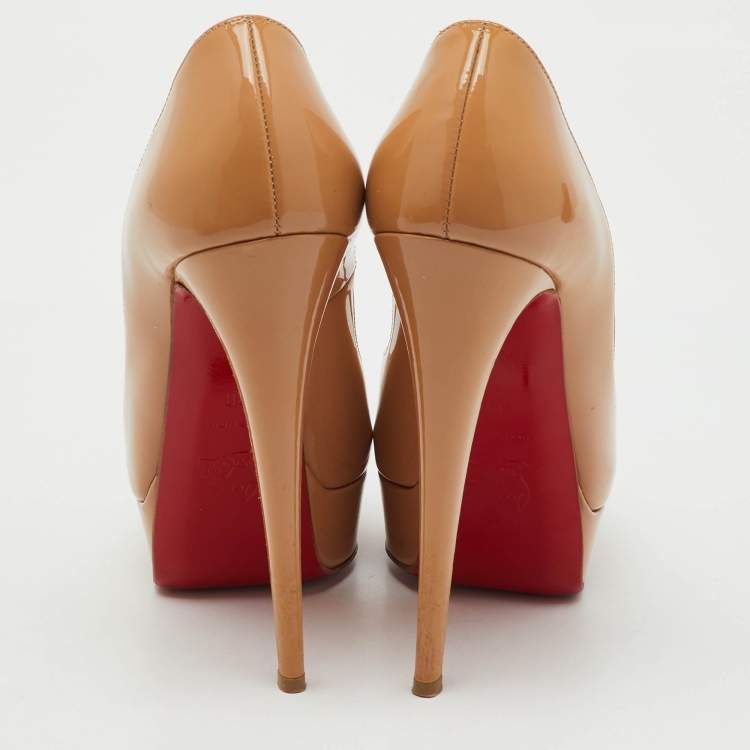 Pre Owned Christian Louboutin Beige Patent Leather Lady Peep Toe Platform Pumps Size 38