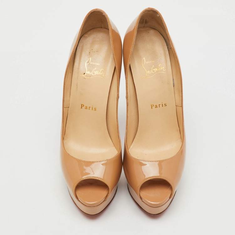 Pre Owned Christian Louboutin Beige Patent Leather Lady Peep Toe Platform Pumps Size 38
