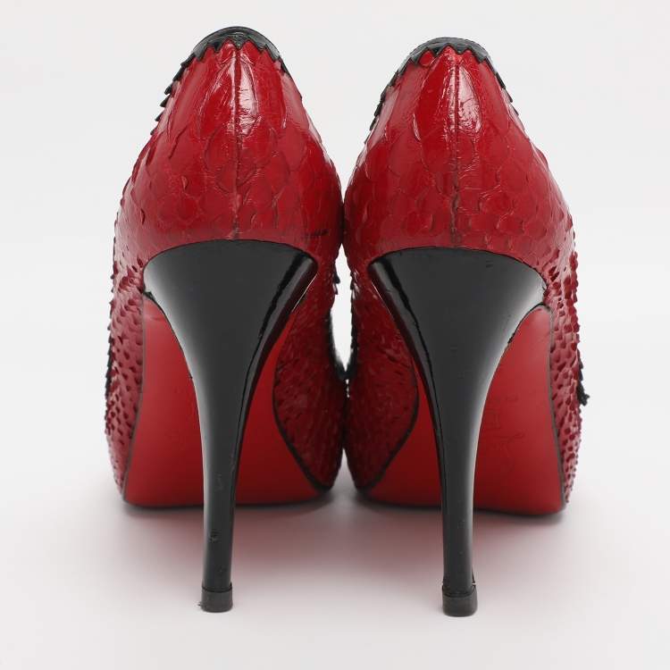Pre Owned Christian Louboutin Red/Black Python Leather Bow Very Prive Peep-Toe Pumps Size 36.5