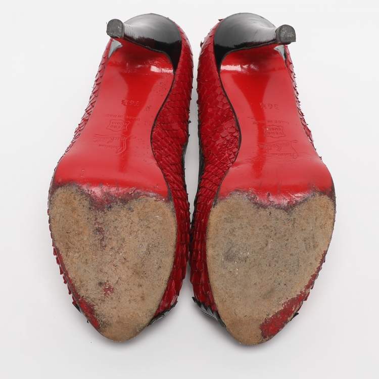 Pre Owned Christian Louboutin Red/Black Python Leather Bow Very Prive Peep-Toe Pumps Size 36.5