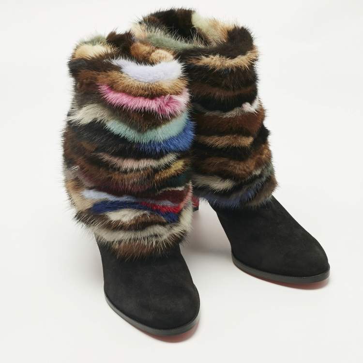 Pre Owned Christian Louboutin Black Mink Fur and Suede Alexandra 70 Mink Ankle Length Boots Size 41