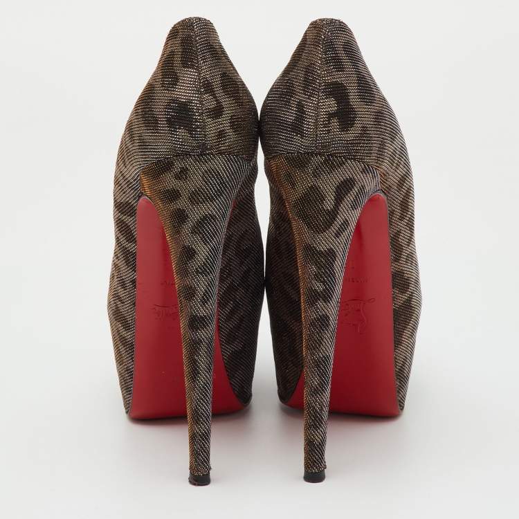 Pre Owned Christian Louboutin Metallic Lurex Fabric Leopard Print Daffodile Platform Pumps Size 38.5