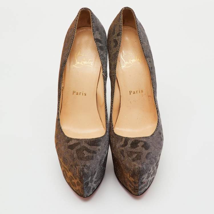 Pre Owned Christian Louboutin Metallic Lurex Fabric Leopard Print Daffodile Platform Pumps Size 38.5